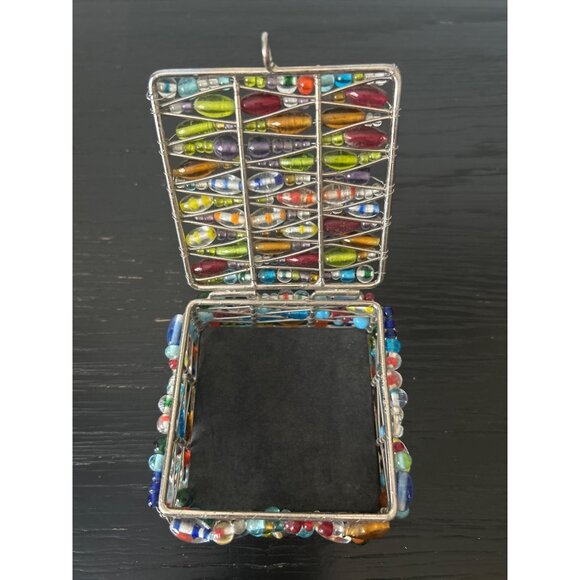 Handcrafted Glass Beaded Trinket Box Multicolored Glass Beads Hinged Lid BOHO - Picture 9 of 9